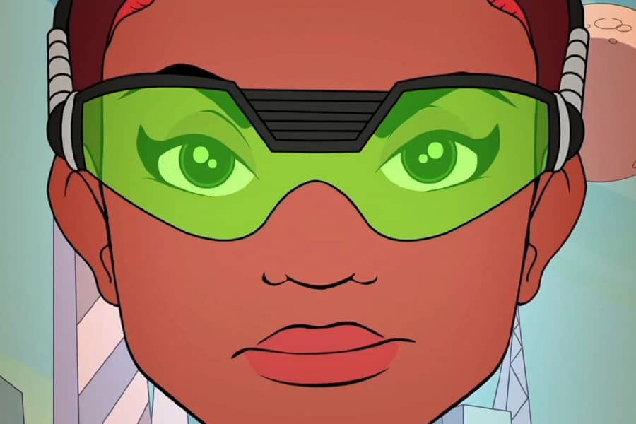 Commander Cressida with green goggles on
