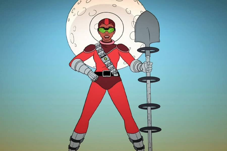 Commander Cressida with a shovel and a moon behind
