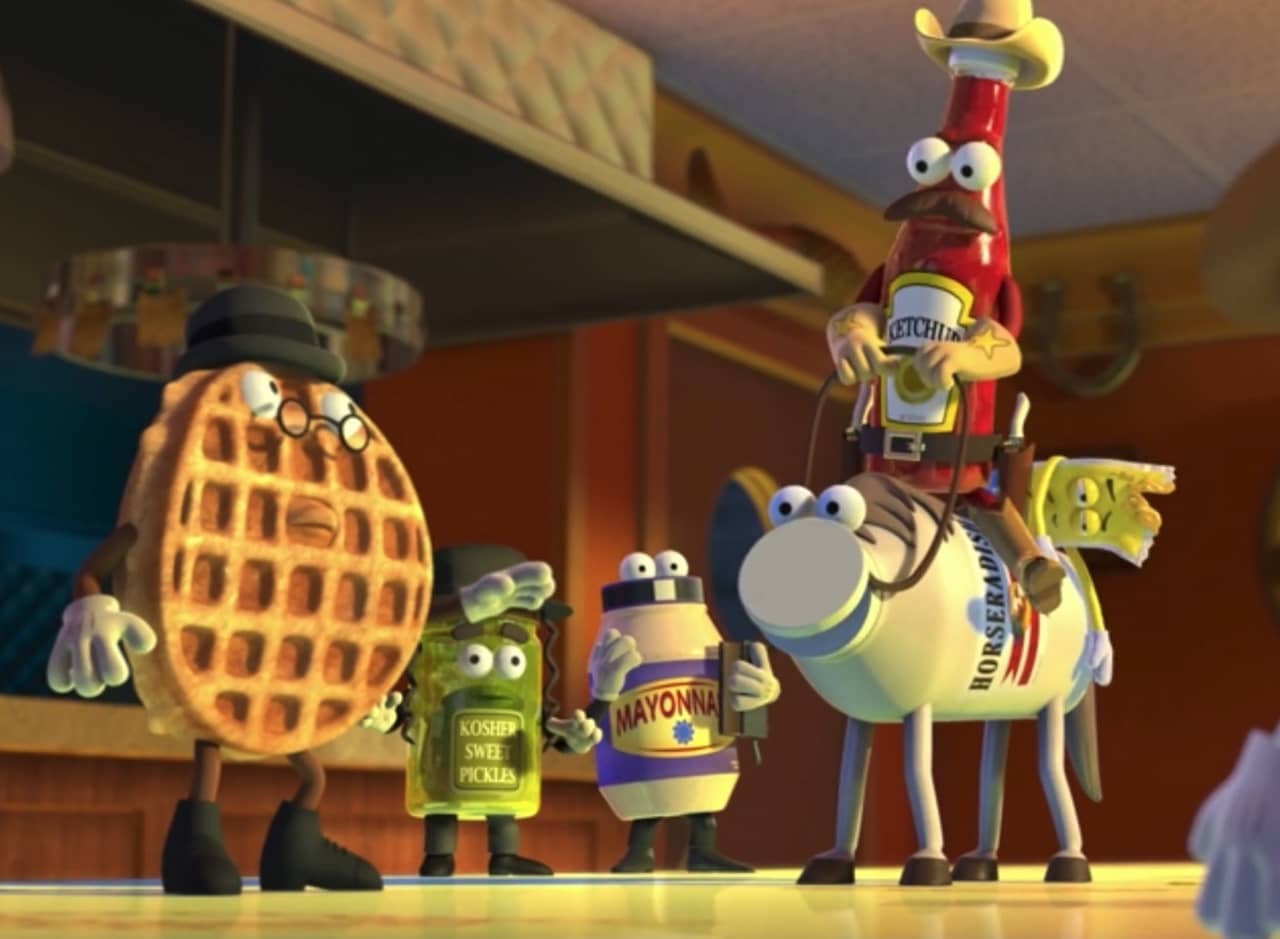anthropomorphic condiments with a bottle of ketchup riding a jar of horseradish talking to a waffle with glasses