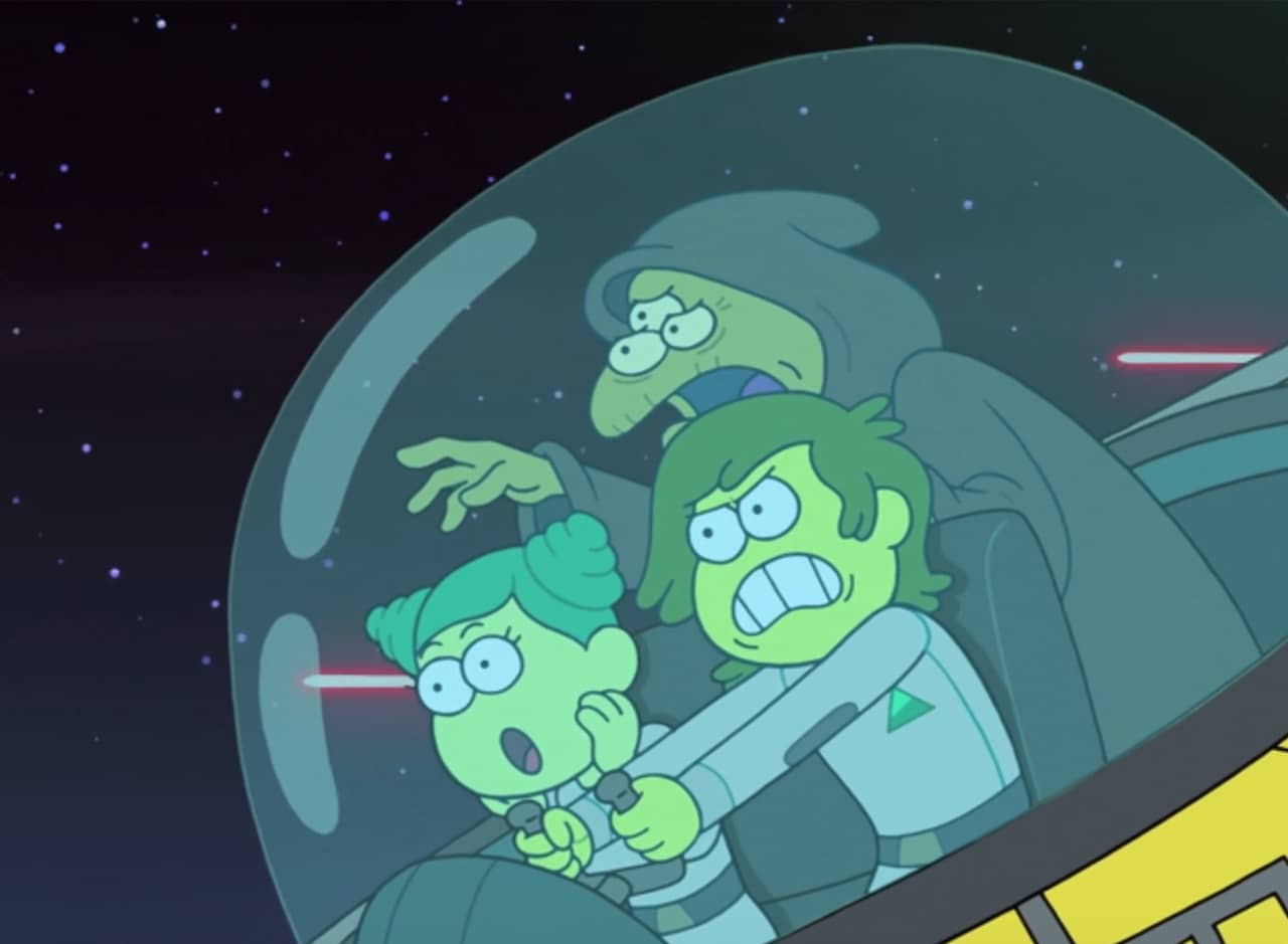Dante Mooniker, Princess Starra, and Old Man Bobi-1 escaping in a space ship