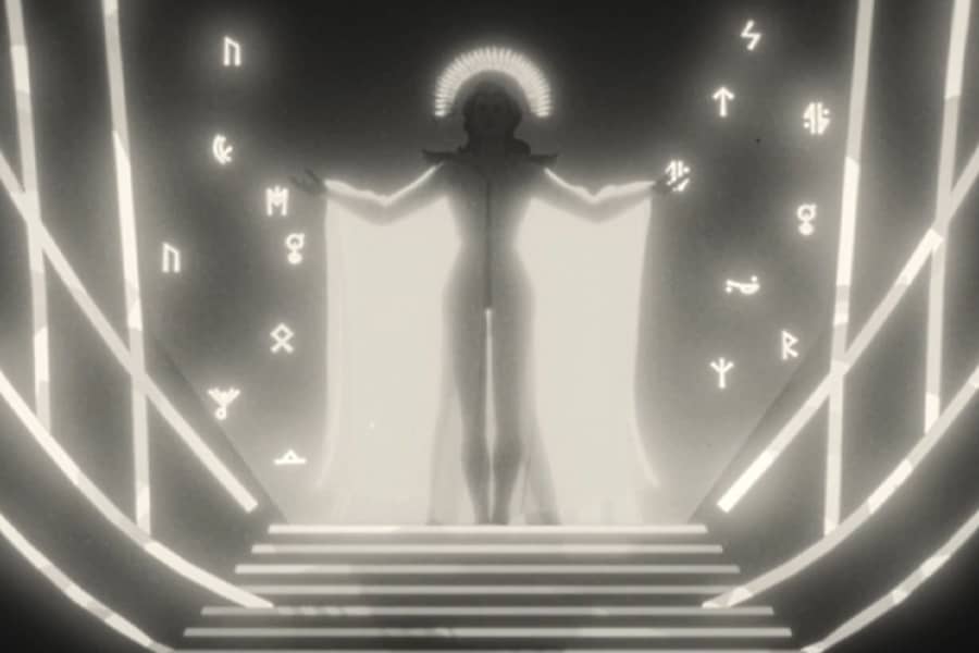 Cosmic Queen with glowing dress and surrounded by floating ancient letters