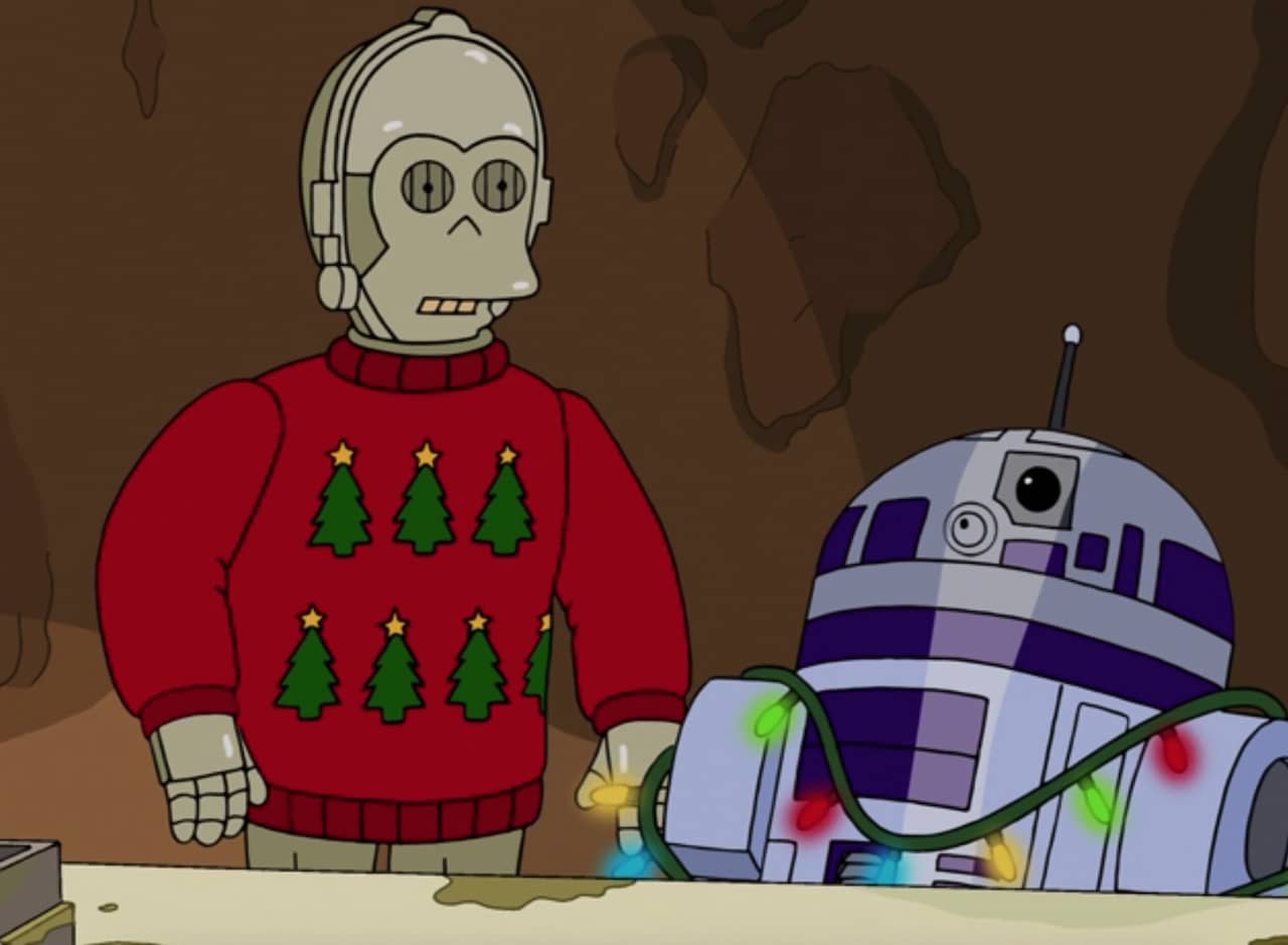 C-3PO and R2-D2 in holiday garb