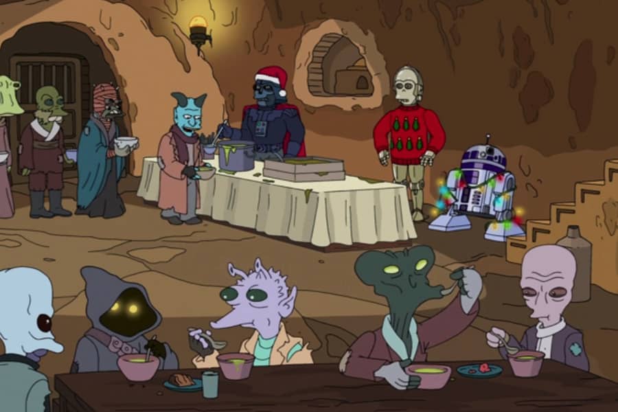 a Star Wars-like cave room with various creatures enjoying a holiday meal