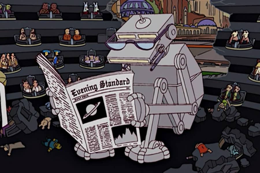 an AT-AT sits down to read a newspaper