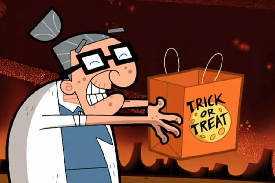 old woman holding out a trick or treat bag