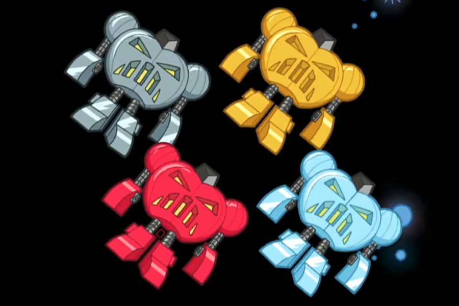 four Jack-o-bots flying through space