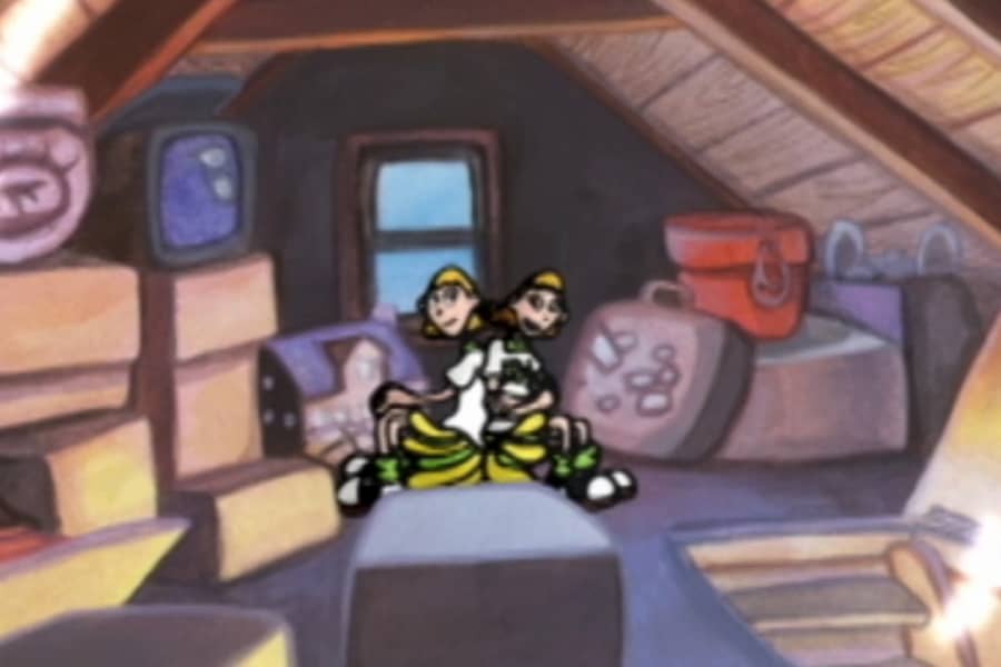 Gina and Tina sitting back to back in an attic