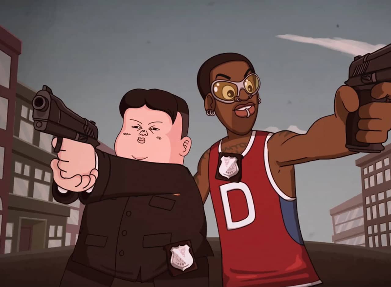 Kim Jong Un and Denzel Rodman as cops pointing guns in the street