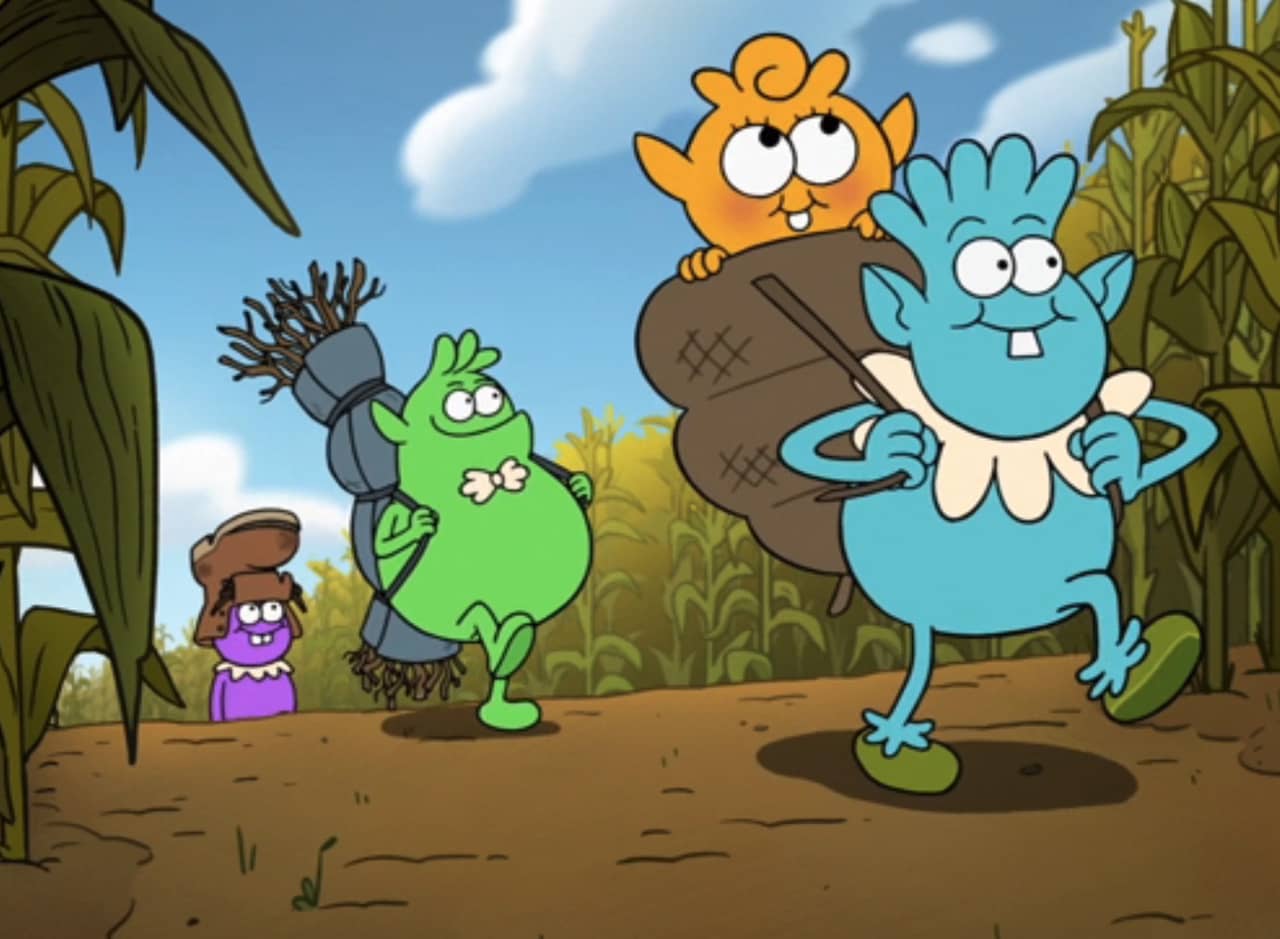 The Croblins walking through a cornfield