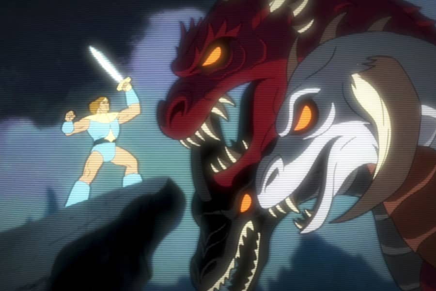 Crognard facing down a three-headed dragon