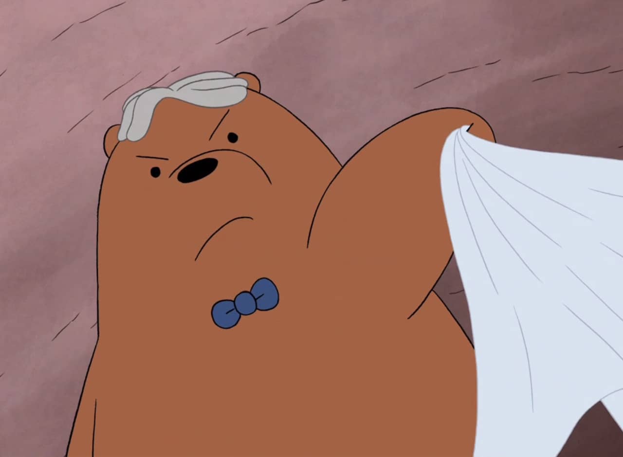 Grizz as Crowbar Jones, a bear with bowtie and grey hair
