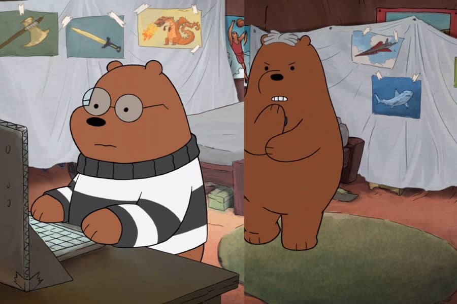 a bear sits at the computer and another bear paces the room, it’s obviously been split screen composited as one bear is partially cut off