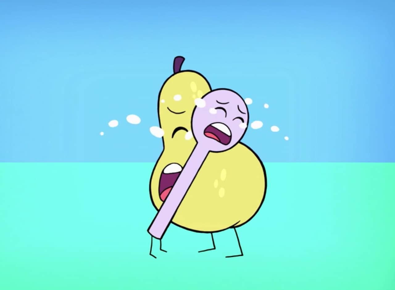 anthropomorphic spoon and pear hug while crying