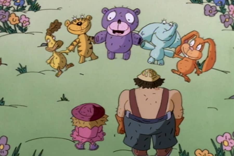 Cuddles and animal pals talking to the lumberjack and a young girl