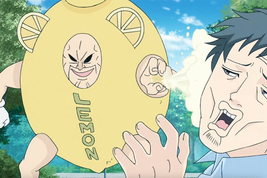 Lemon Man villain spraying lemon juice at a man
