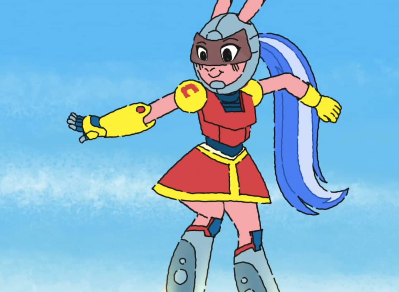 Cindy, a girl bunny in robot armor and flying in the sky