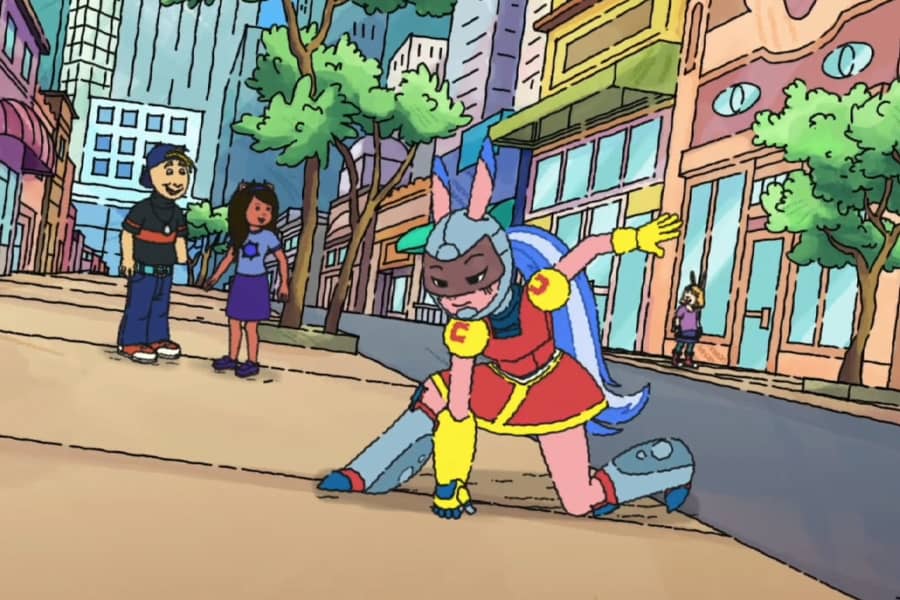 superhero landing in the street