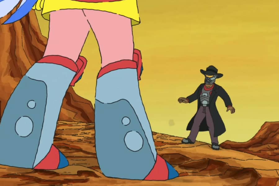 Cindy facing off with a robot cowboy