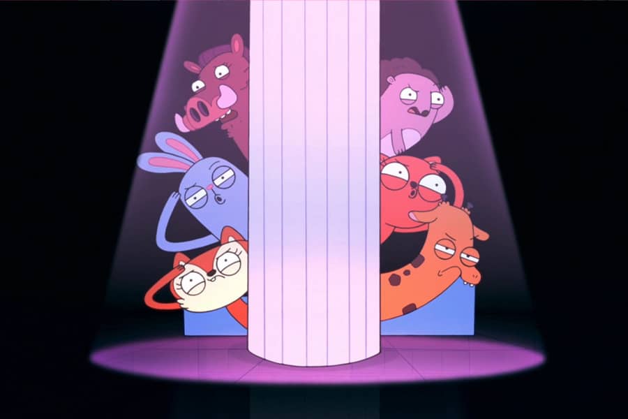kids peeking around a column in spotlight