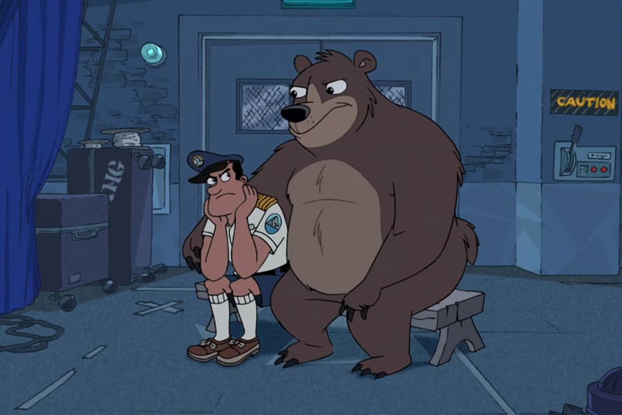Bob and Junebug, a man and bear, who are sitting out this round