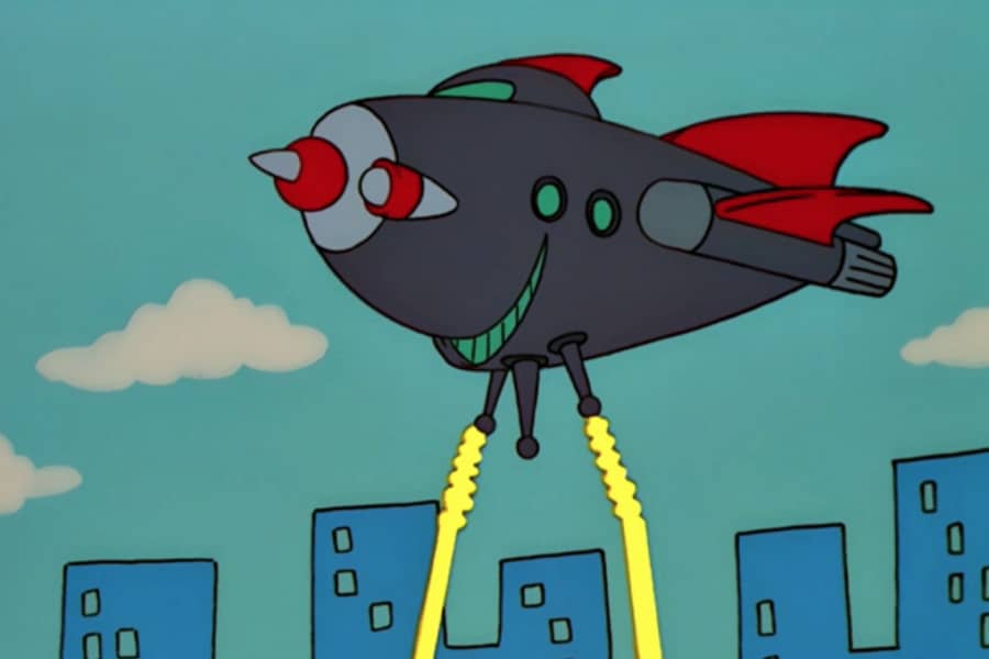 alien ship blasting yellow lasers at a town