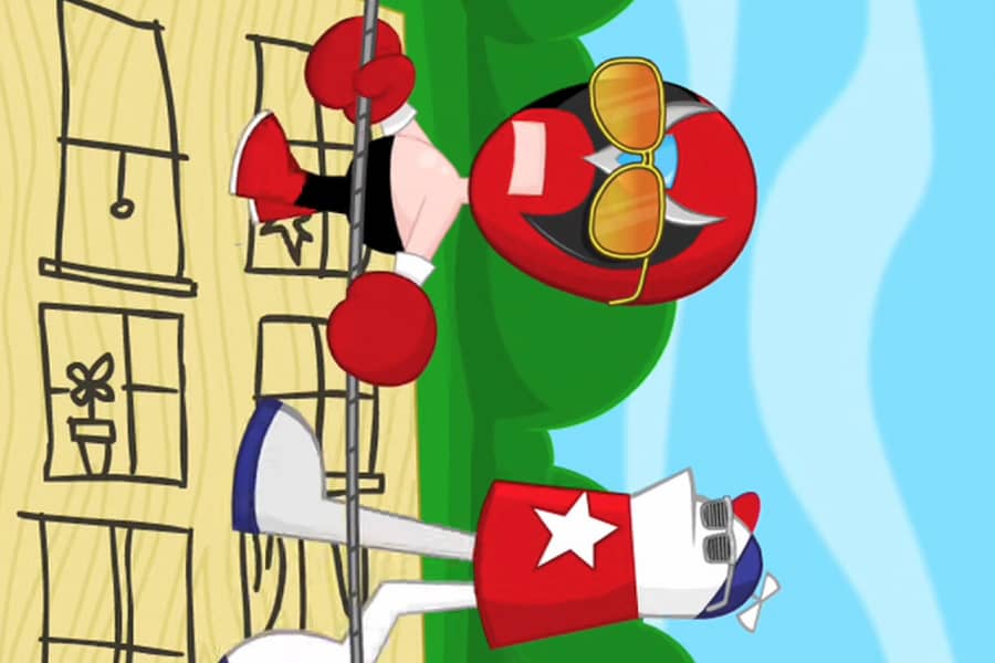 Strong Bad and Homestar Runner climbing up a hand-drawn building