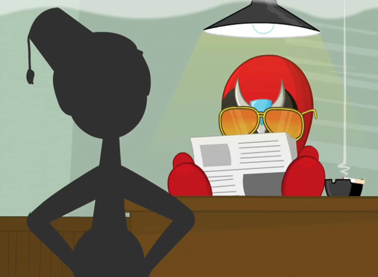 Strong Bad at a lamp-lit desk, reading a newspaper