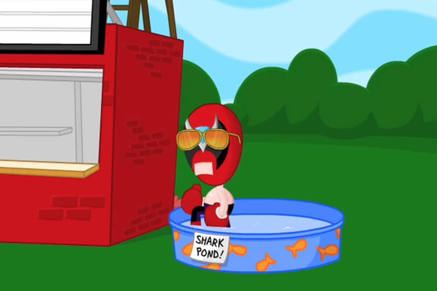 Strong Bad leaving a kiddie pool labeled “Shark pond