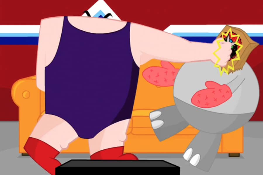 Killingyouguy punching Hot Tub with a Strong Bad face mask on his head