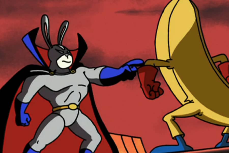 Dark Bunny faces off against Bananomanoman, an anthropomorphized banana