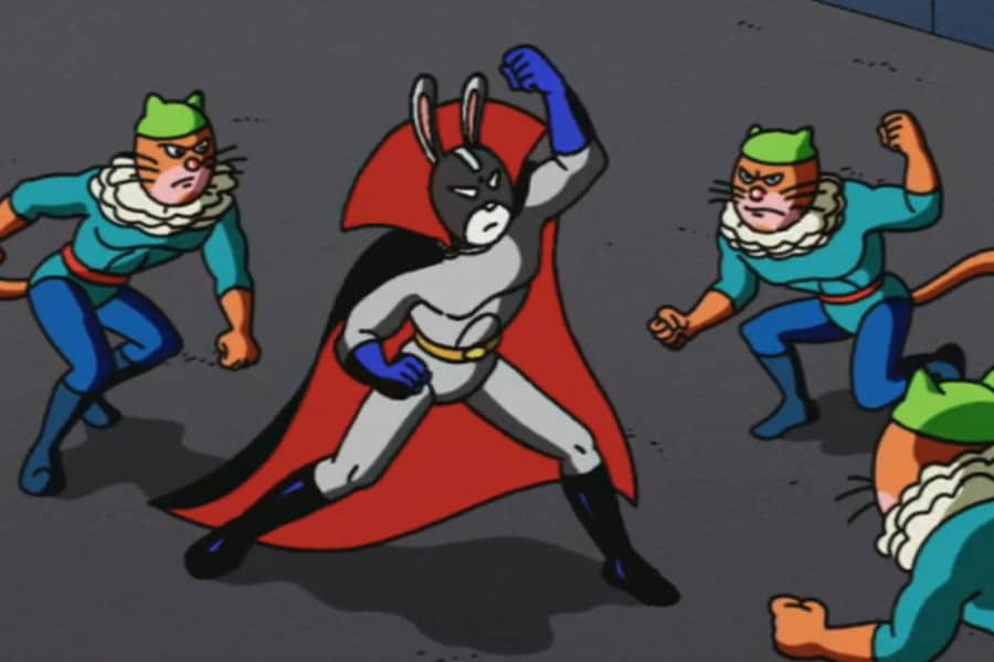 Dark Bunny fights against three of Clown Face's henchmen