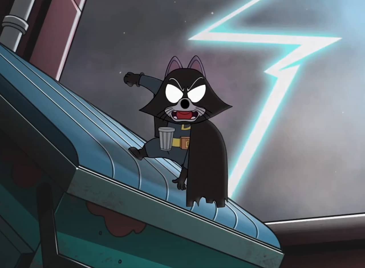 Dark Dumpster Derek, a superhero raccoon on a dumpster