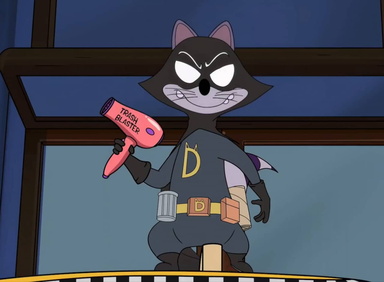 Dark Dumpster Derek holding his trash blaster