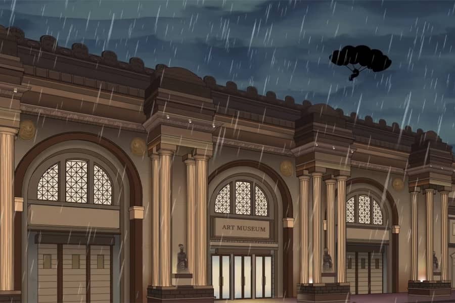 a worm parachuting onto the roof of an art museum on a rainy night