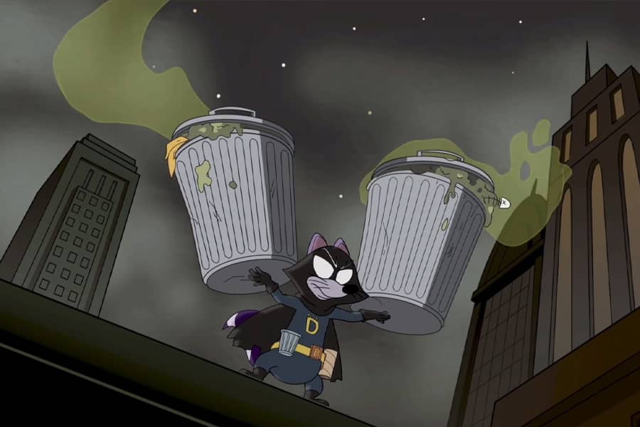 Dark Dumpster Derek holding up two stinky trash cans