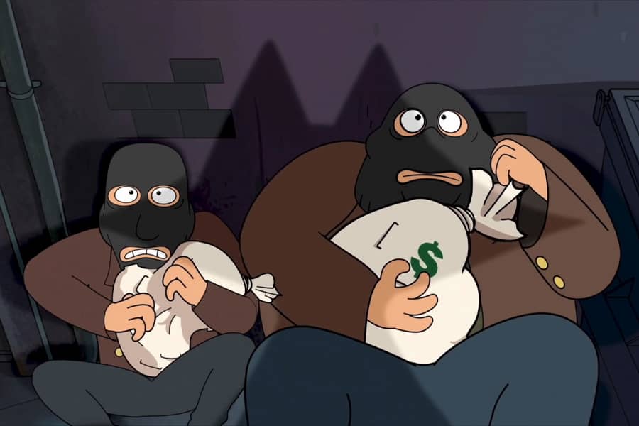 two bank robbers scared in Dark Dumpster Derek’s shadow