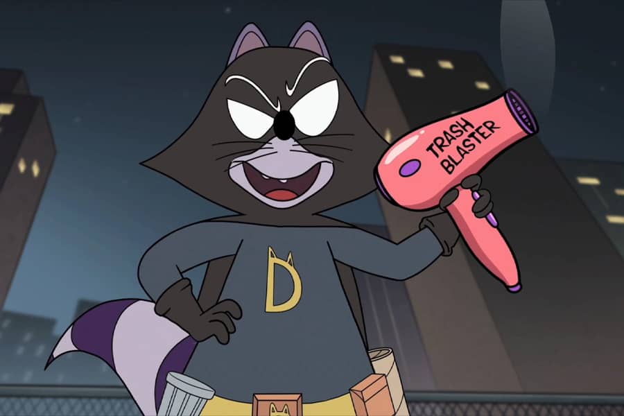 Dark Dumpster Derek holding a trash blaster