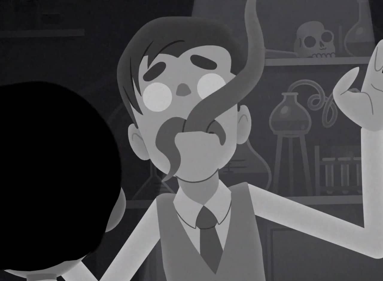 a science teacher has blank eyes and tentacles coming out of his mouth