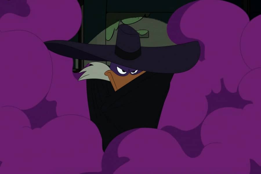 Darkwing Duck emerges from a cloud of purple smoke