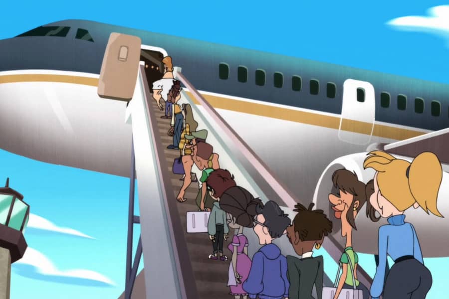 line of people going up stairs to a plane