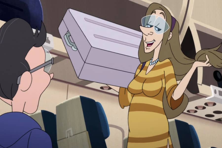 tall woman twirling her hair and holding a suitcase, talking to a short guy