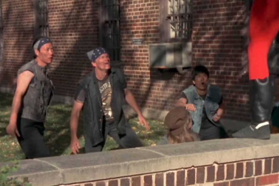 a bunch of goons face off with Dave Dragon