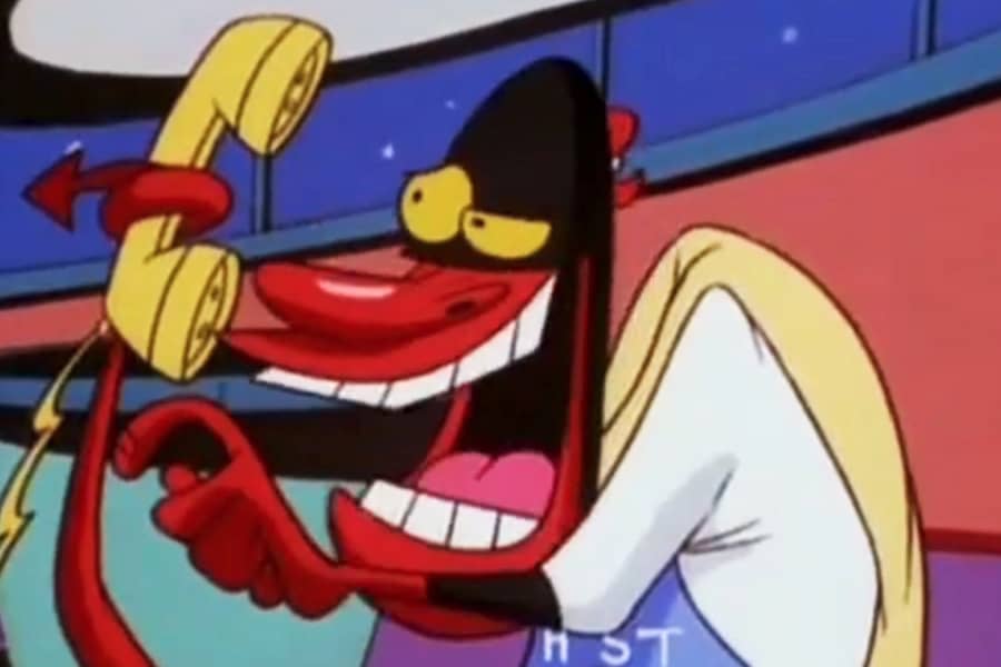 Red Guy yelling into a telephone
