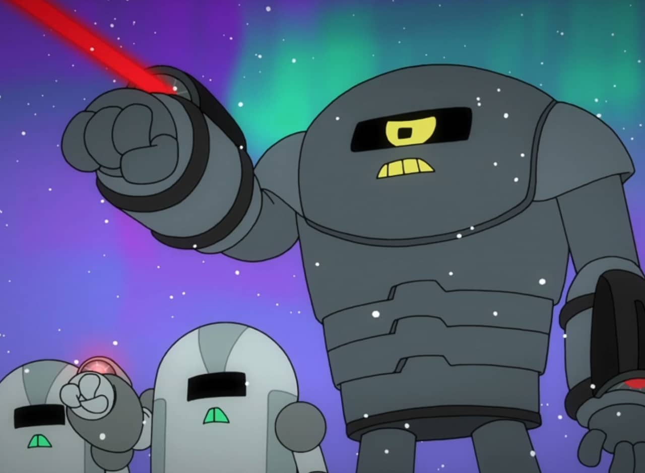 Deathmotroid, in the snow, pointing a laser out of his arm