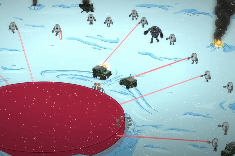 Deathmotroid and robots surrounding Steve and Cheryl by the giant button