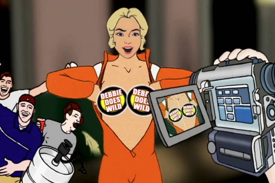 Debbie showing her logo-covered breasts on camcorder