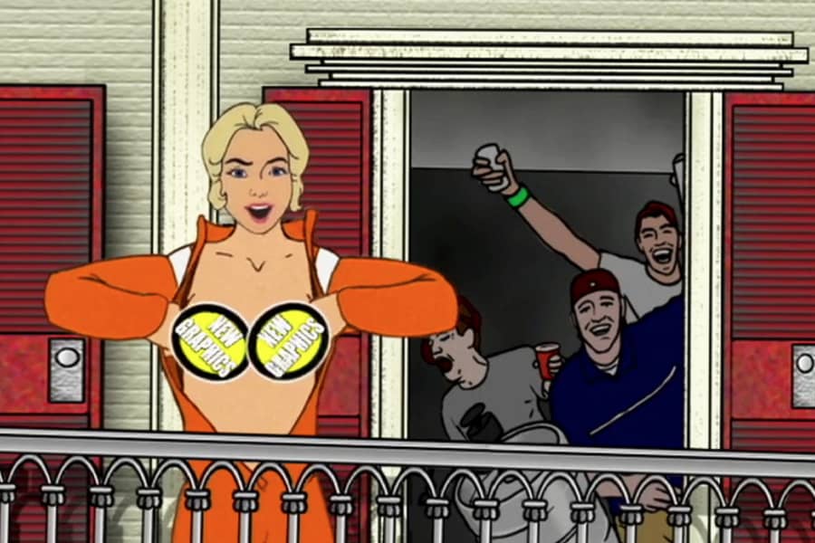 Debbie showing her logo-covered breasts in front of some dudes in an apartment