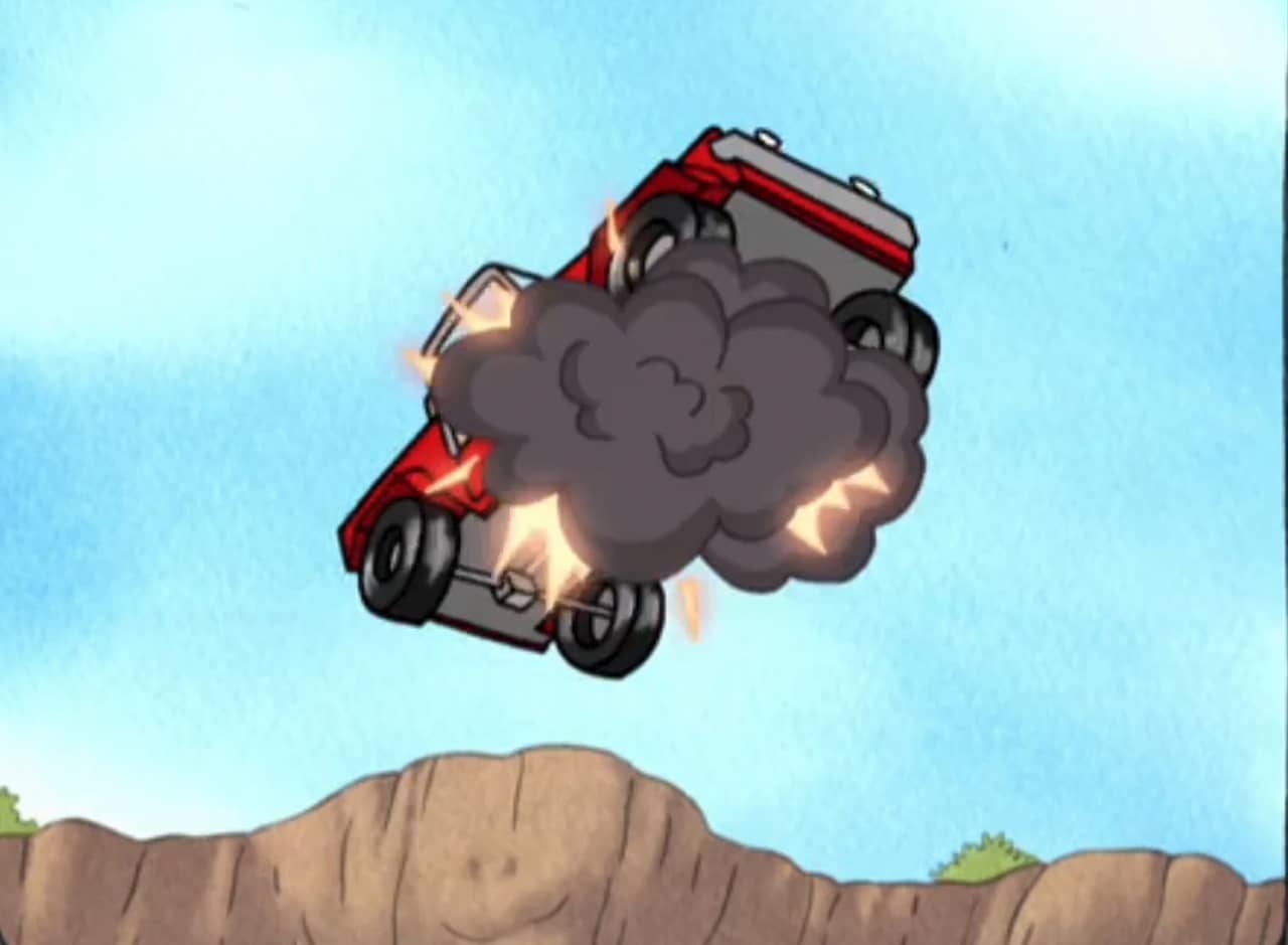 car driving off a cliff and exploding