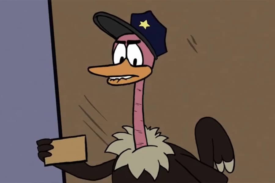 Officer Ostrich reading off a card