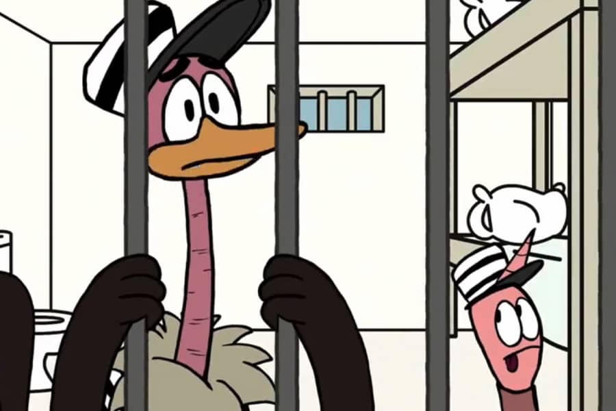 Officer Ostrich and Detective Unisquirm in a jail cell